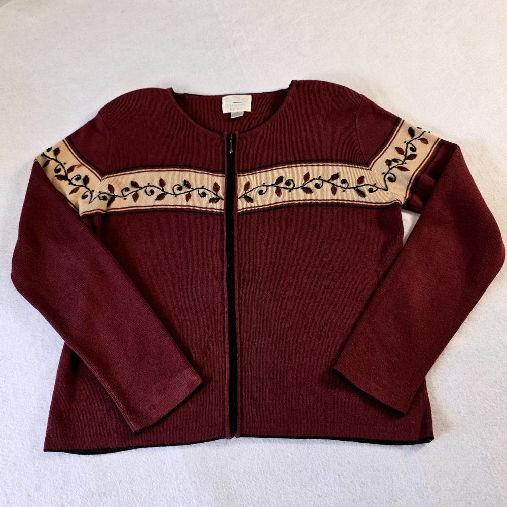 Christopher & Banks Vintage 2002 Embroidered Beaded Zip Cardigan Burgundy Red S